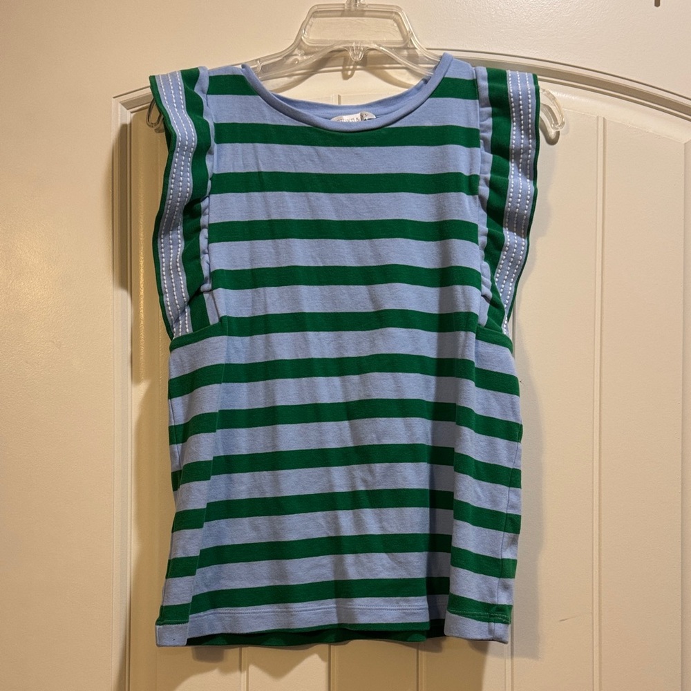 crown & ivy Blue and Green Striped Flutter Sleeve Top